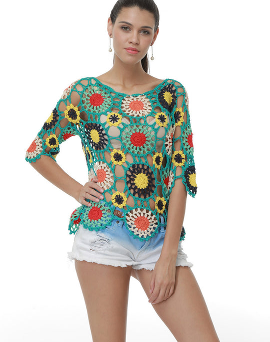 Damen Häkeloberteil mit buntem Floral-Design EB