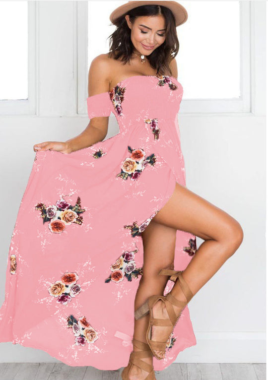 Damen Off-Shoulder Strandkleid mit floralem Muster und fließendem Schnitt EB