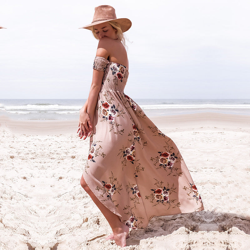Damen Off-Shoulder Strandkleid mit floralem Muster und fließendem Schnitt EB