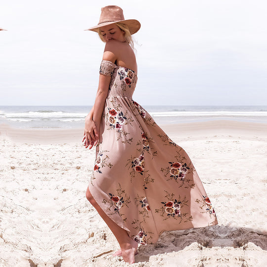 Damen Off-Shoulder Strandkleid mit floralem Muster und fließendem Schnitt EB