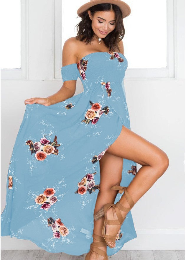 Damen Off-Shoulder Strandkleid mit floralem Muster und fließendem Schnitt EB
