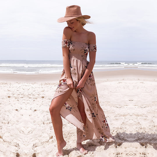 Damen Off-Shoulder Strandkleid mit floralem Muster und fließendem Schnitt EB