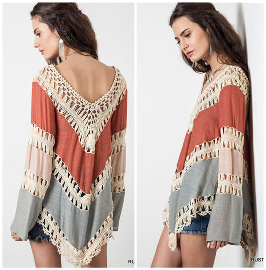 Damen Häkel-Strandtunika mit elegantem V-Ausschnitt und dekorativem McMuster EB