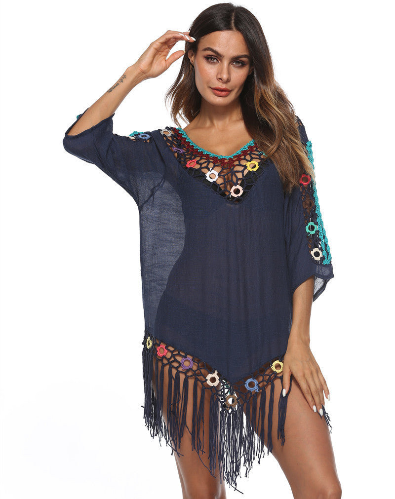 Damen Elegante Häkel-Strandtunika mit fransigen Details und bunten Applikationen EB