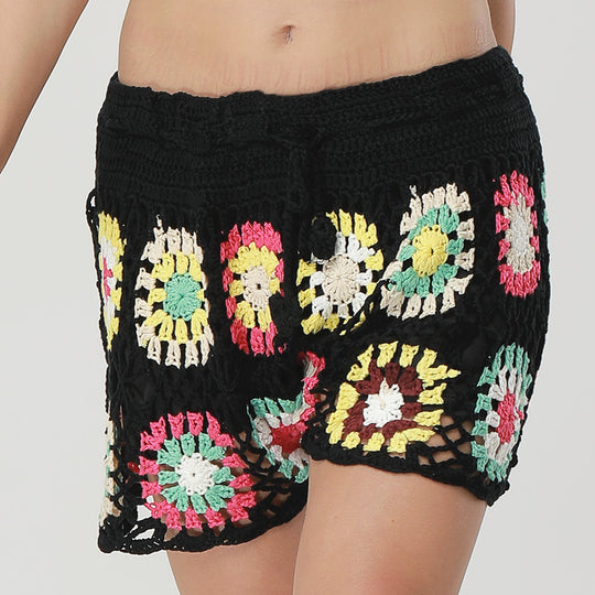 Damen Häkel-Strandshorts mit buntem Blumenmuster EB