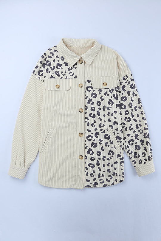 EB | Double Take Leopard Print Pocketed Cord-Jacke