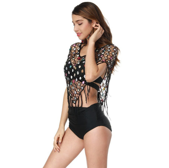 Damen Häkel-Bikiniüberwurf mit bunten Pailletten und Fransen EB