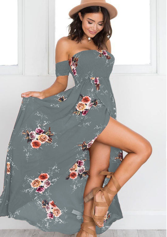 Damen Off-Shoulder Strandkleid mit floralem Muster und fließendem Schnitt EB