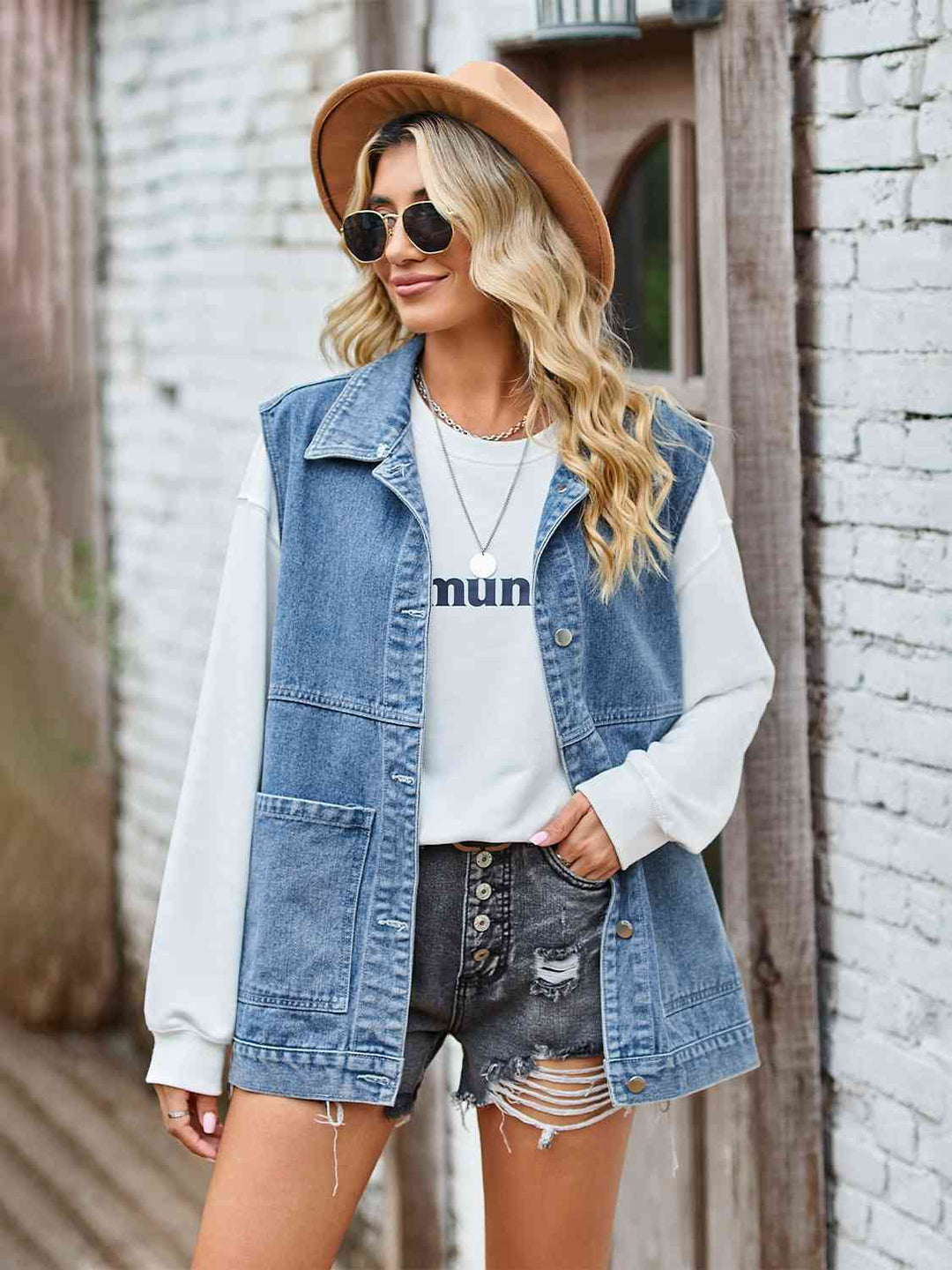 EB | Knopf-Front Ärmellose Jeansjacke