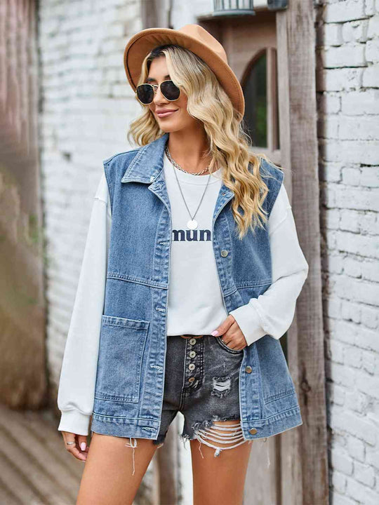 EB | Knopf-Front Ärmellose Jeansjacke
