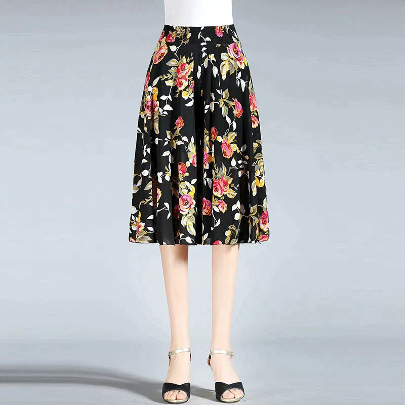 EB | Damen Chiffon Culottes mit Breiten Beinen und Hoher Elastischer Taille