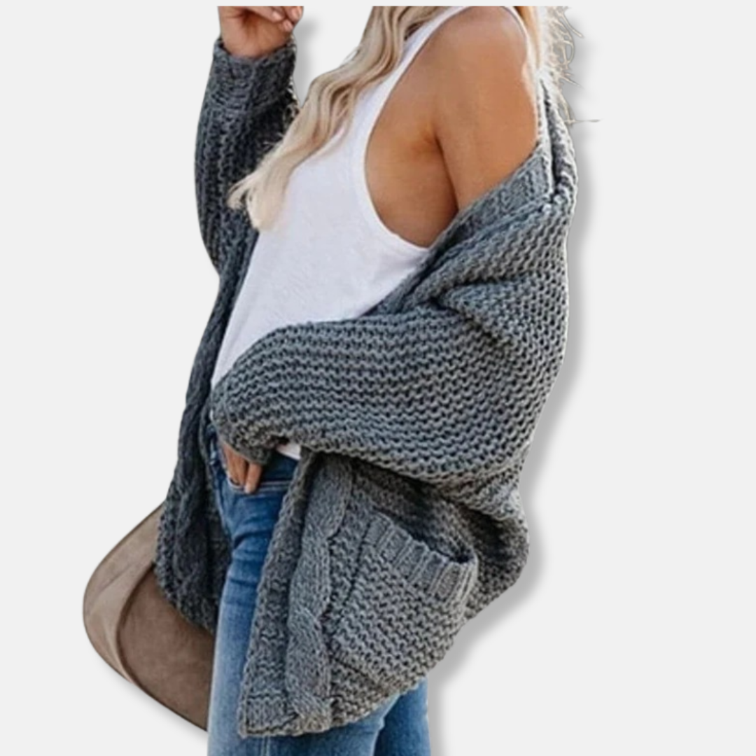 EB | Woll Übergroßer Cardigan Gerippter Offener Fronttaschen Cardigan