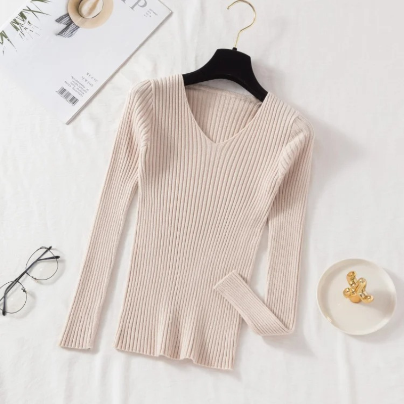 EB | Pullover - Slim-Fit Rippstrick V-Ausschnitt Pullover