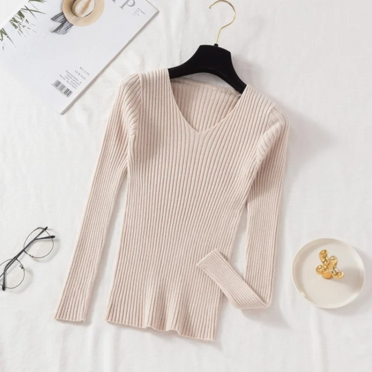 EB | Pullover - Slim-Fit Rippstrick V-Ausschnitt Pullover