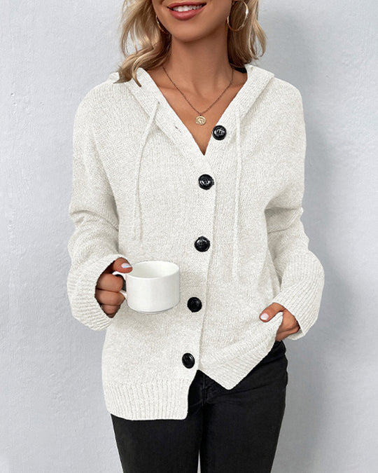 EB | Einfarbige Strickjacke mit Kapuze und Schnürsenkeln