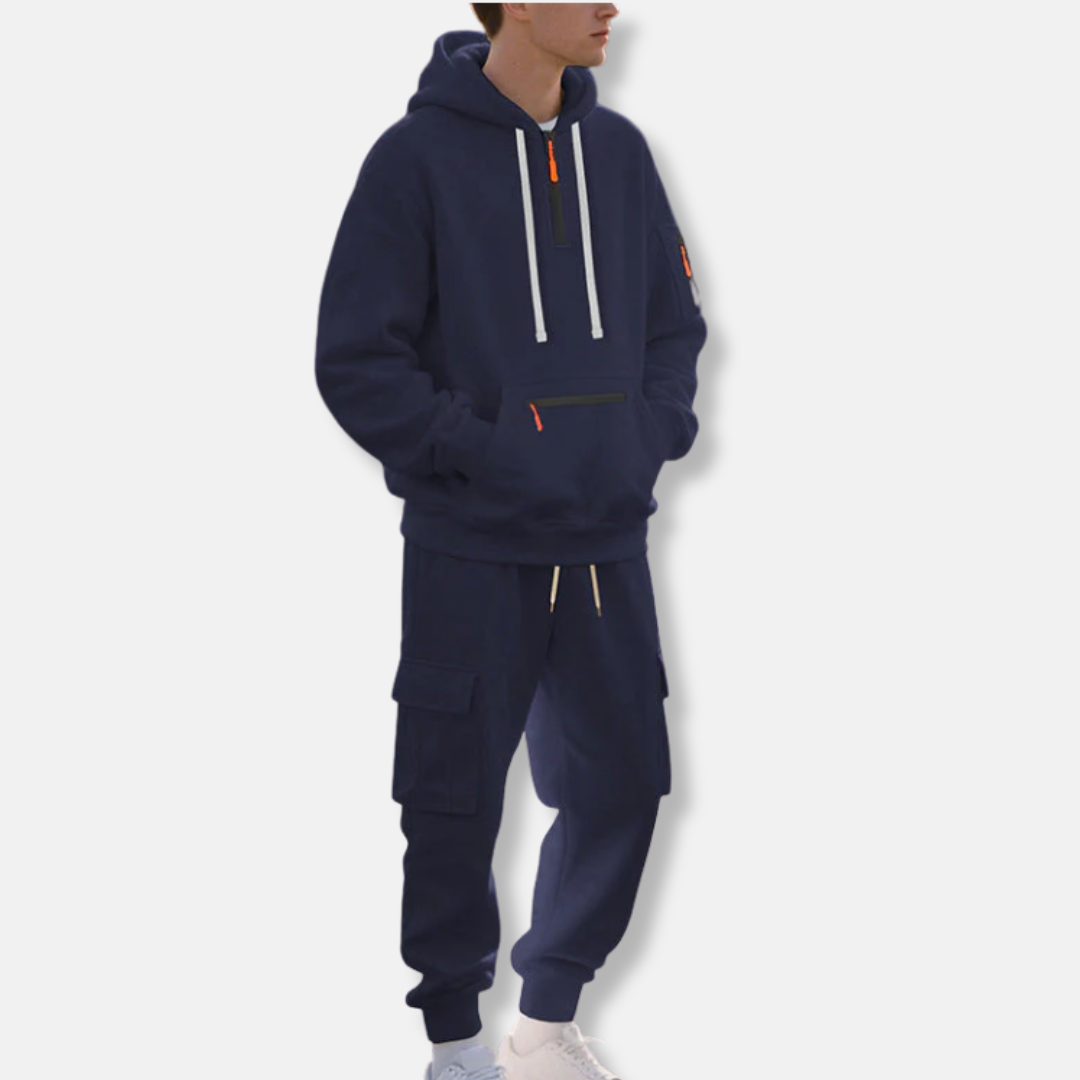 EB | Trainingsanzug Lässige Passform Halb Reißverschluss Kapuzenpullover Baumwollmix Cargo-Hose
