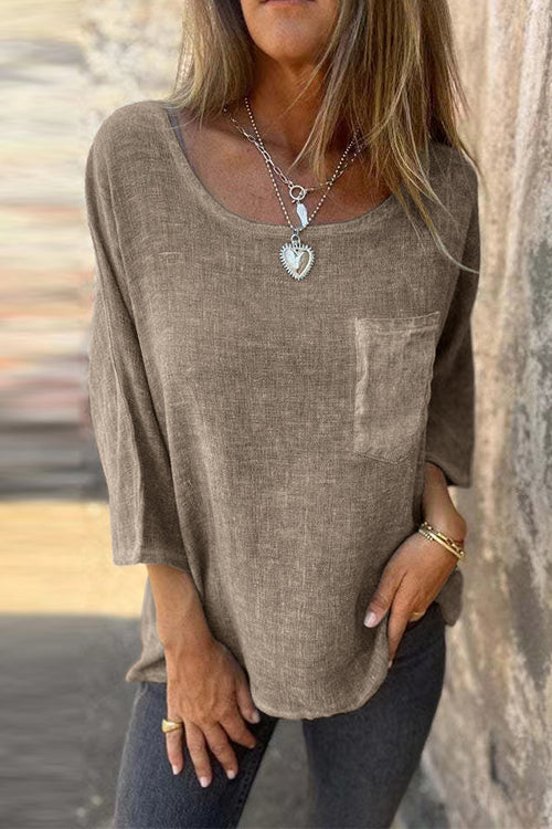 EB | Rosiedress 3/4 Ärmel mit Taschen Baumwolle Leinen Lässiges T-Shirt