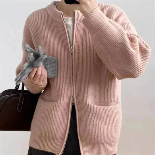 EB | Strickjacke Gerippte Textur Reißverschluss Oversized Passform mit Taschen