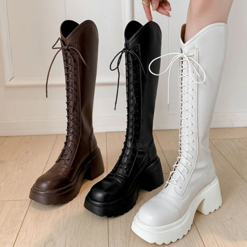 EB | Hohe Stiefel Damenstiefel mit Schnürung und Robuster Ferse