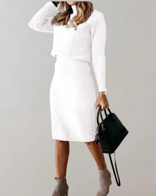 EB | Satz Gerippter Zweiteiler Slim Passform Rollkragenpullover und Midi Rock