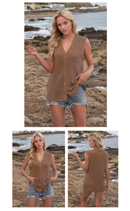 EB | V-Ausschnitt Knopf ärmellose Weste Strickpullover