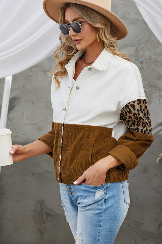 EB | Leopard Farbblock Knopfleiste Cord Baumwolljacke