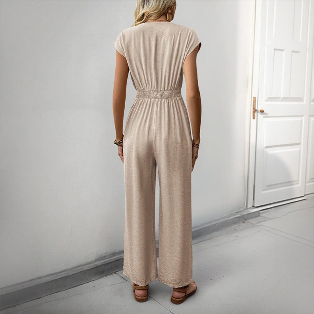 EB | V-Ausschnitt einfarbiger elastischer Overall mit hoher Taille und weitem Bein