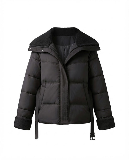 Damen nan kurzer wattierter Steppparka mit voluminösem Teddykragen, taillierendem Gürtel und verdeckter Reißverschluss EB