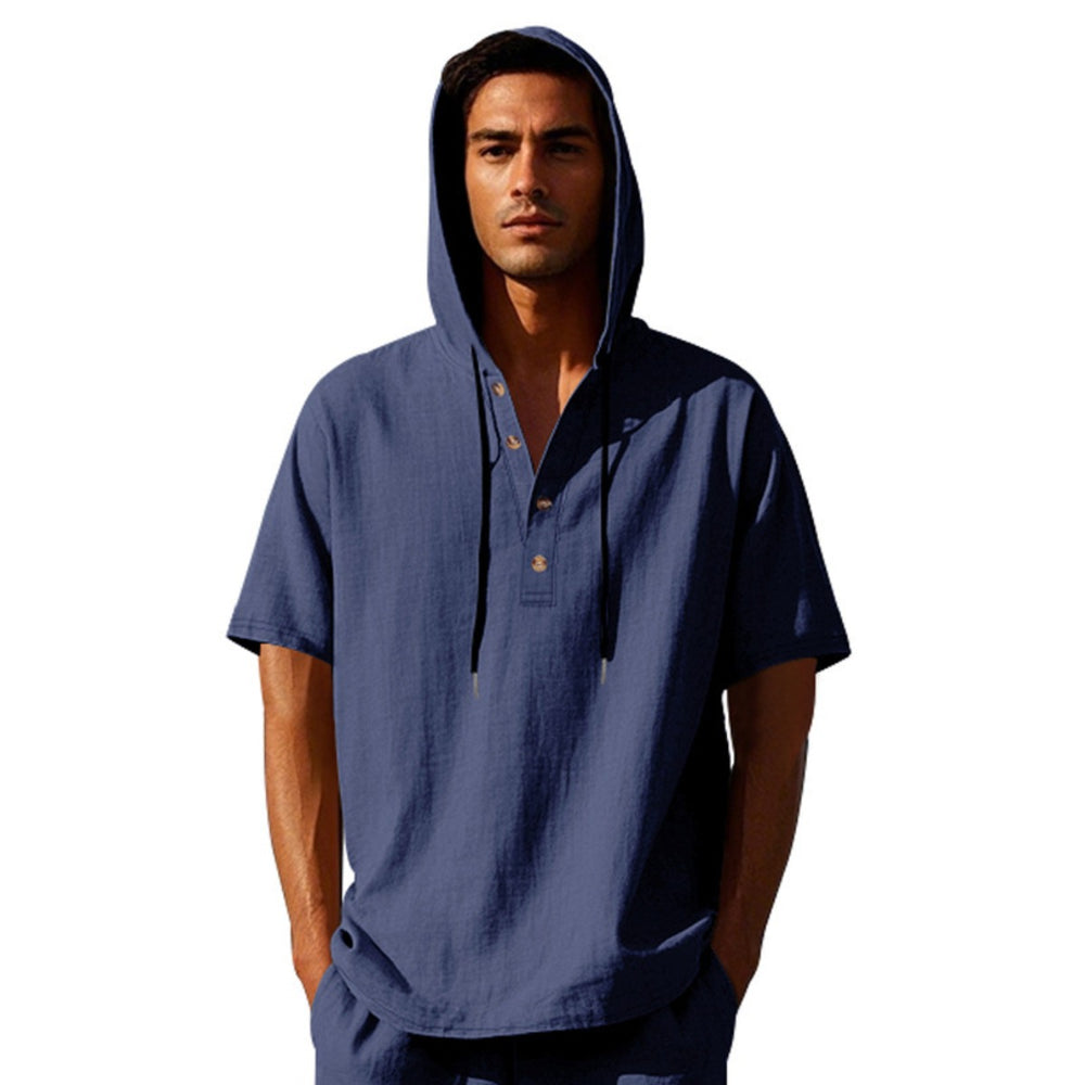 EB | Leinen-Knopf-Strand-Kapuzen-Henley-Shirt