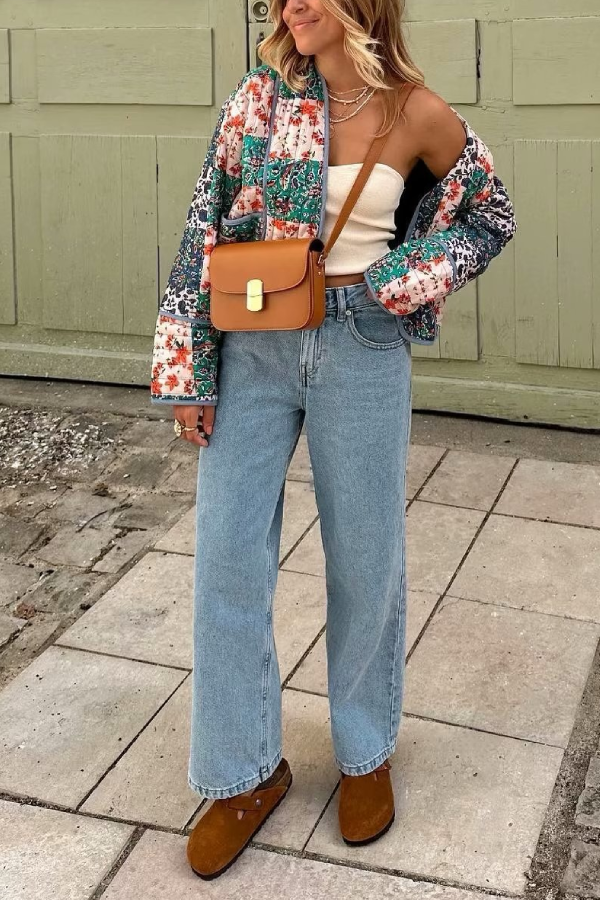 EB | Bedruckte lockere lässige Strickjacke kurze gesteppte Baumwolljacke