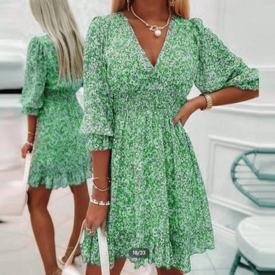 EB | Mittellanges Kleid mit V-Ausschnitt und böhmischem Print für Damen