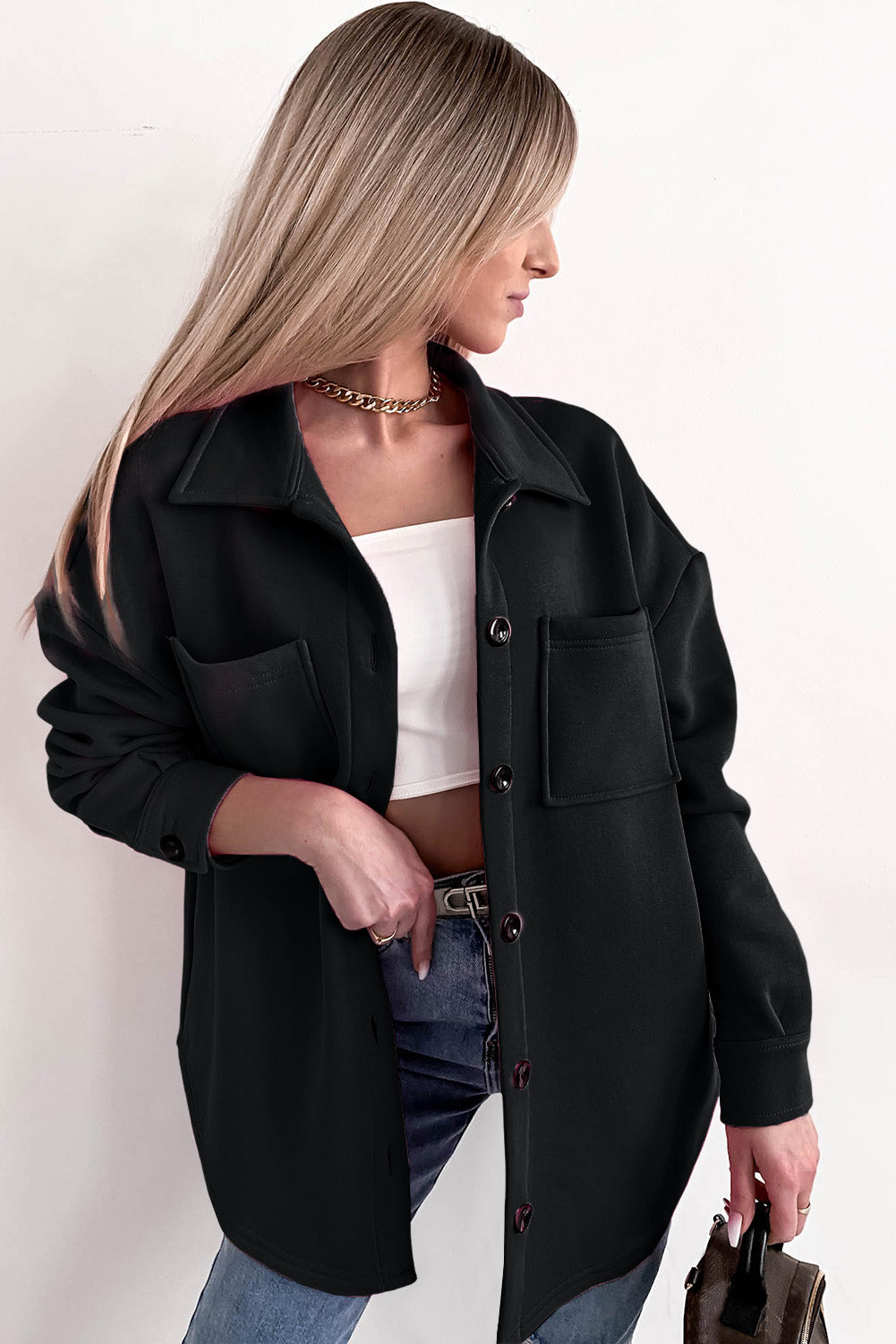 EB | Oversized Hemdbluse mit Großen Taschen Polyester Minimalistisch und Stilvoll