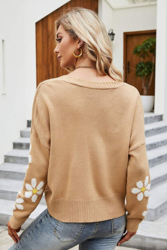 EB | Floral Ribbed Trim Drop Shoulder Cardigan