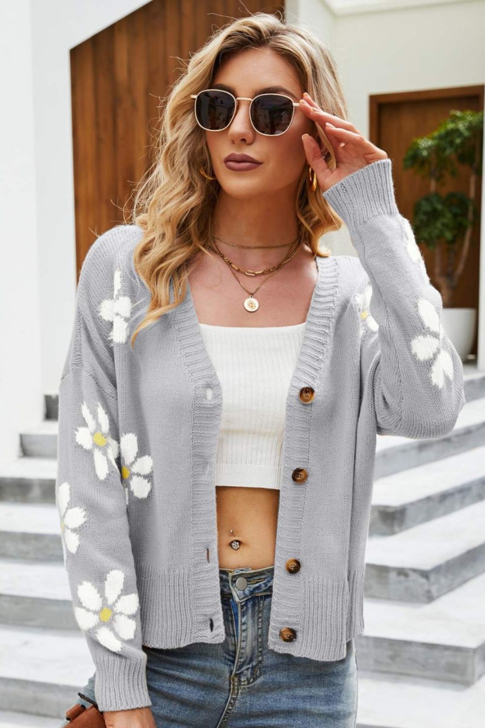 EB | Floral Ribbed Trim Drop Shoulder Cardigan