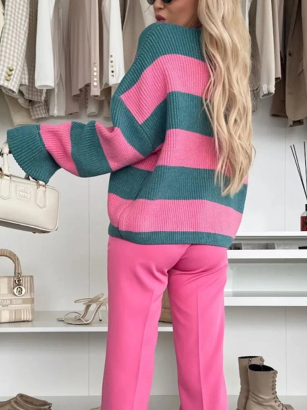 EB | gestreifte gestrickte V-Ausschnitt Strickjacke