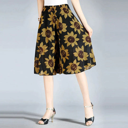 EB | Damen Chiffon Culottes mit Breiten Beinen und Hoher Elastischer Taille