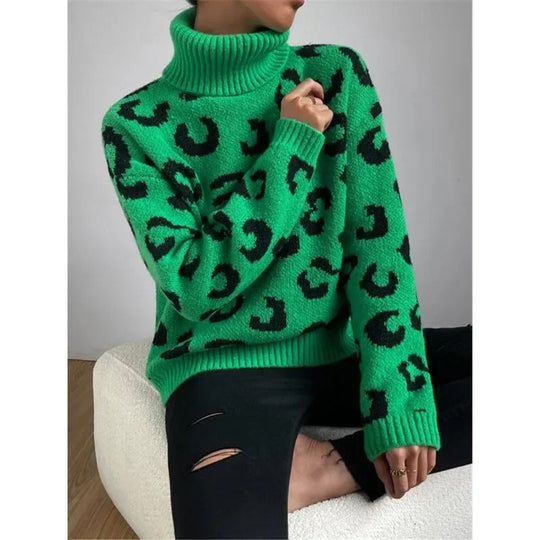 EB | Lässiger Rollkragen-Strickpullover mit Leopardenmuster