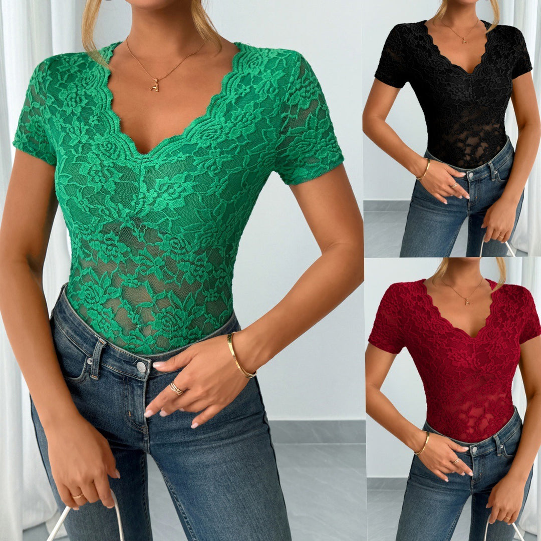 EB | Damen Einfarbig Sexy Spitze V-Ausschnitt Kurzarm
