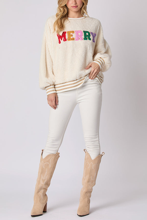 EB | Weihnachtsbuchstaben Strass Langarm Rundhalsausschnitt Sweatshirt