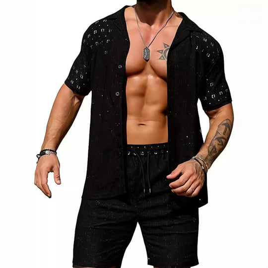 EB | Lässige Herren hohlen einfarbigen Hemd Kordelzug Shorts zweiteiliges Set
