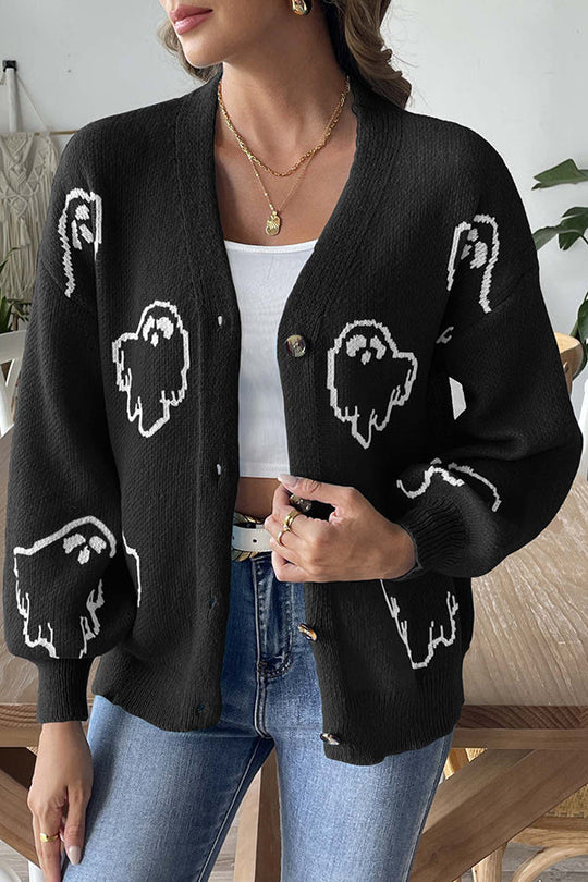 EB | Gemütlicher Halloween Geist Strickpullover mit Knopfleiste