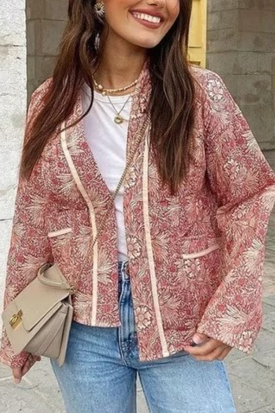 EB | Print Lockere V-Ausschnitt Cardigan Baumwolljacke