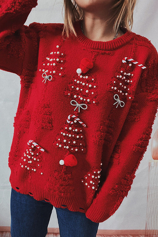 EB | Handgemachter Perlen-Weihnachtsthema-Pullover dreidimensionaler dekorativer Pullover