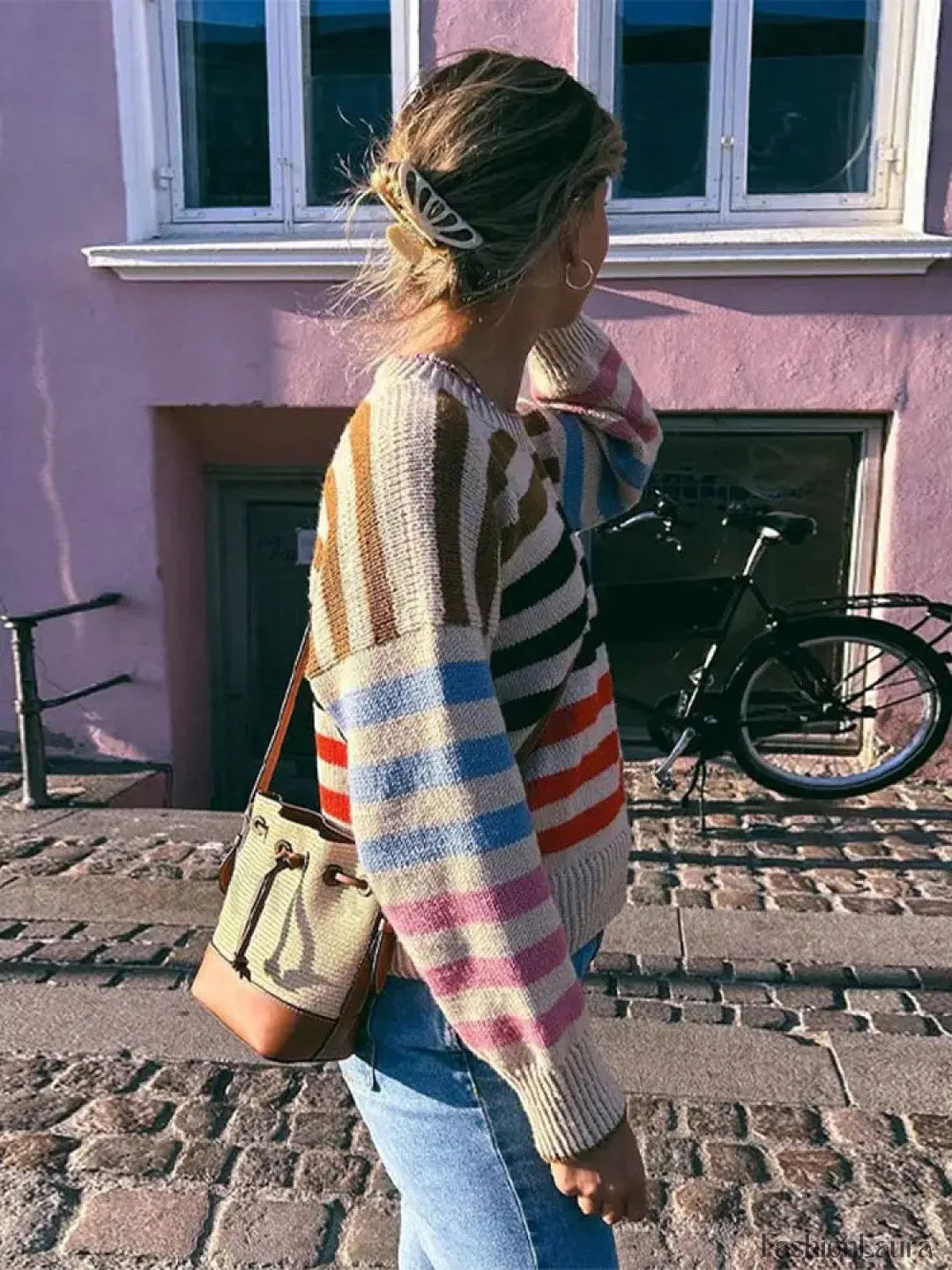EB | Bunter Gestreifter Vintage Strickpullover mit Rundhalsausschnitt