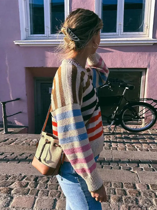 EB | Bunter Gestreifter Vintage Strickpullover mit Rundhalsausschnitt