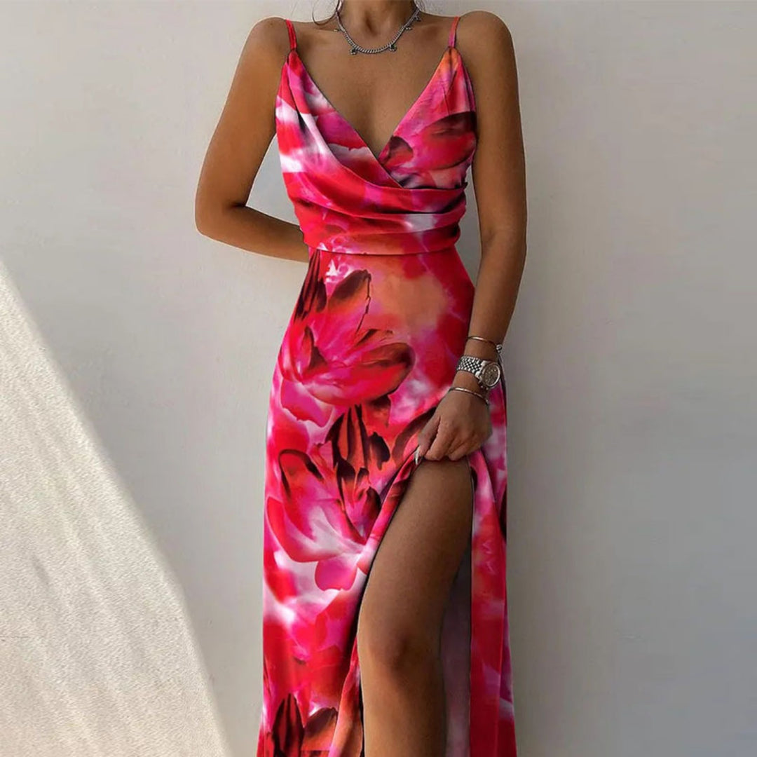 EB | Kleid mit Hosenträgern und V-Ausschnitt mit geteiltem Print