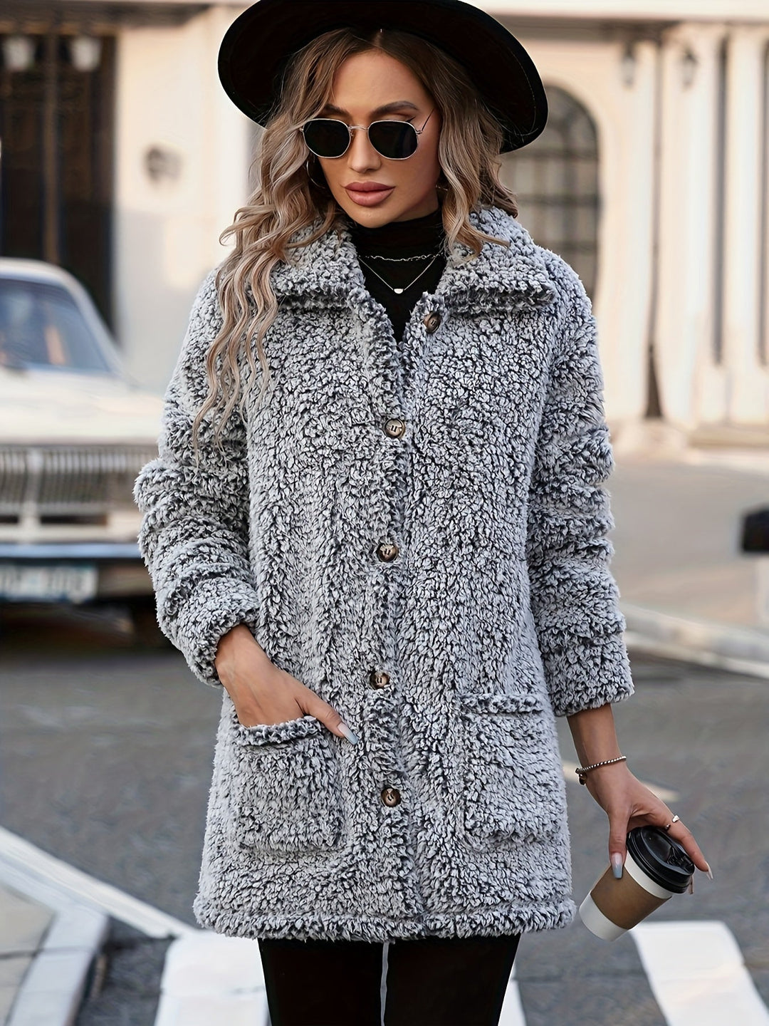 EB | Lange Teddyjacke mit Knöpfen Polyester Komfortabel und Warm