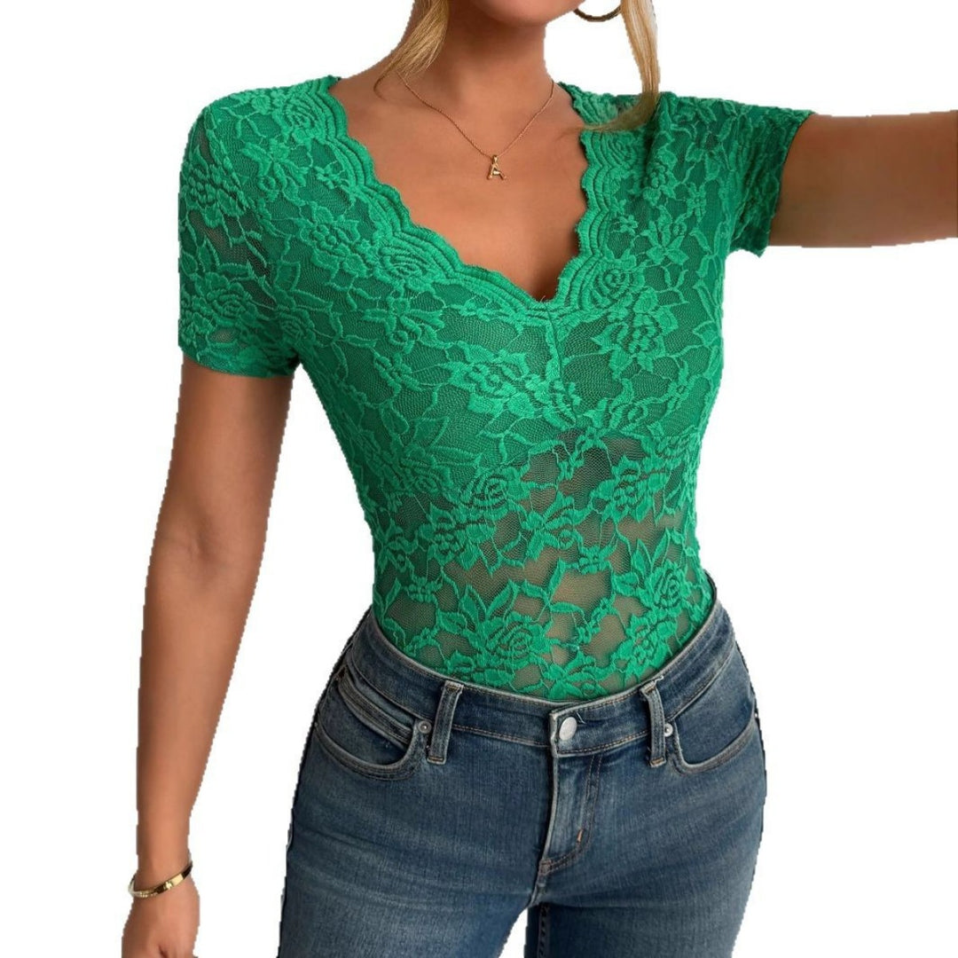 EB | Damen Einfarbig Sexy Spitze V-Ausschnitt Kurzarm
