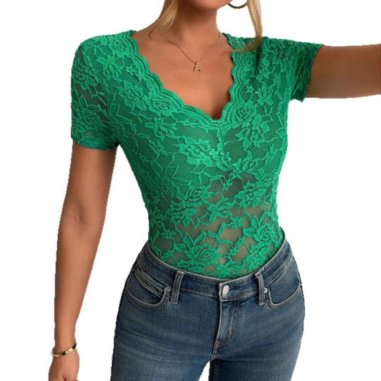 EB | Damen Einfarbig Sexy Spitze V-Ausschnitt Kurzarm