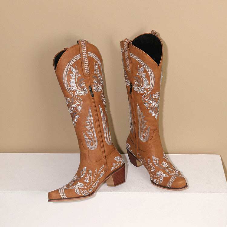 EB | Bestickte Western Denim Retro Damen Knielange Stiefel